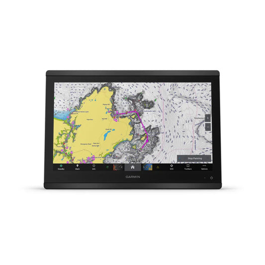 A Garmin 8616XSV marine display with a touchscreen showing a map with地理ographical features in a color-coded manner.
