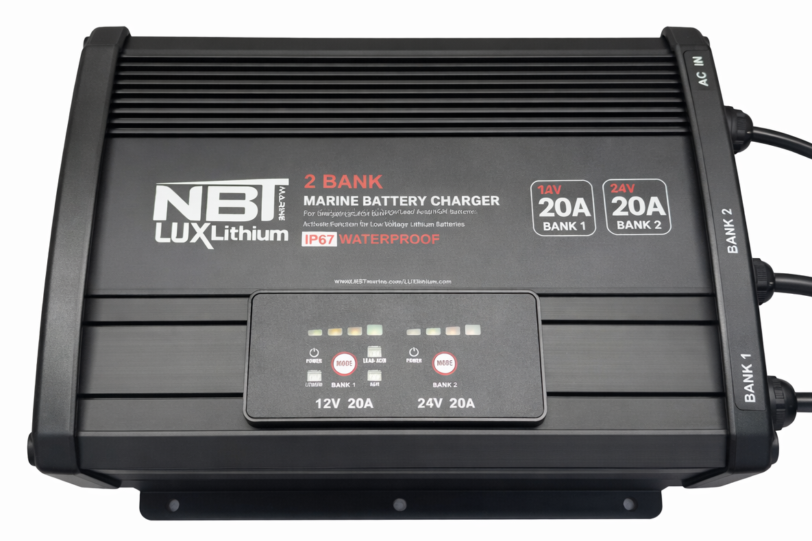 NBT LuxLithium marine battery charger on a white background